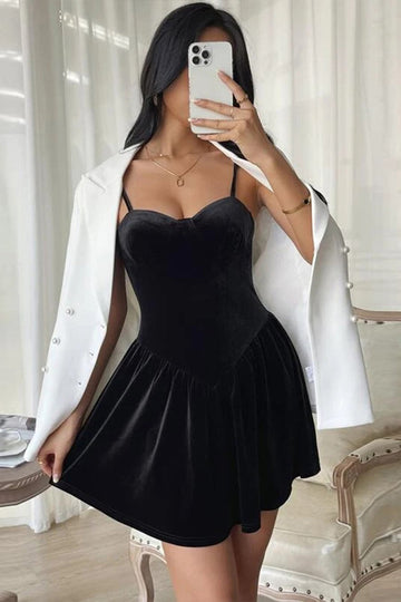 Preto A Line Spaghetti Correias Vestido Cocktail Curto